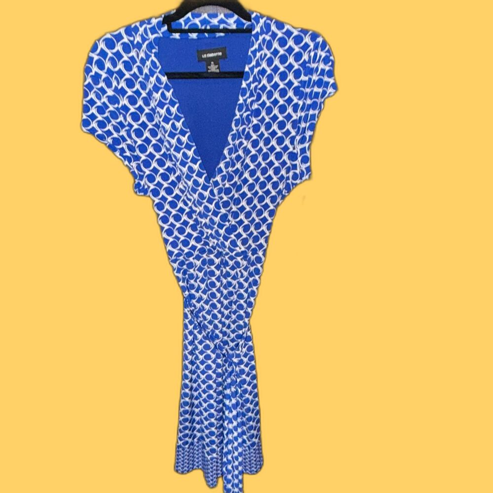 Liz Claiborne Short-sleeve Faux Wrap Dress Cobalt Blue and White Size XL New